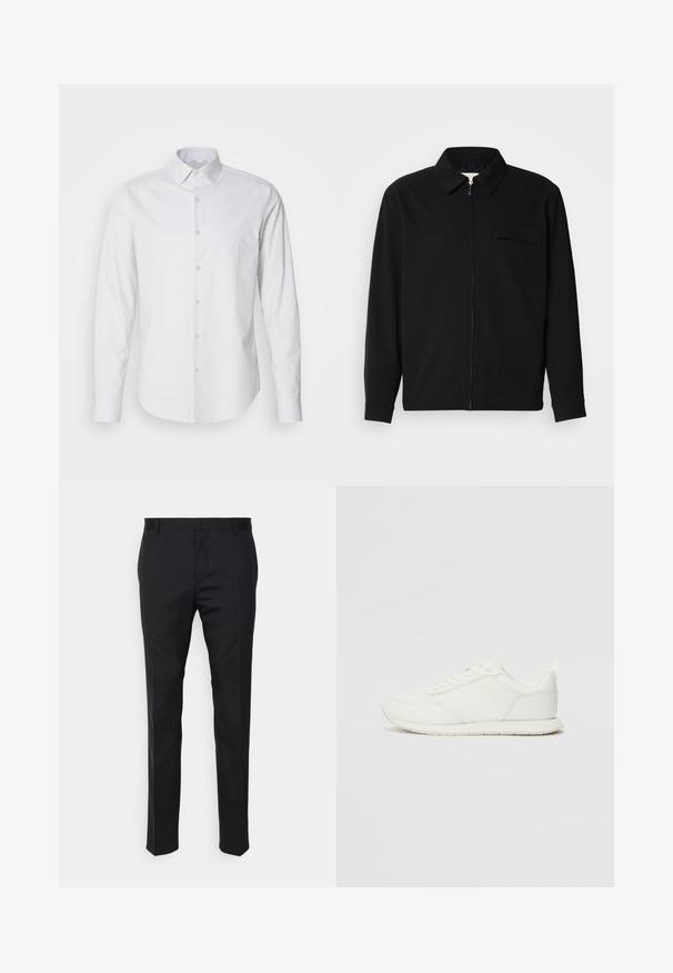 Črna dolgoročna majica z ovratnikom, sprednjim zadrgo in žepom na prsih. Narejena iz teksturirane tkanine z sproščenim krojem.; Bela srajca z dolgimi rokavi s ostrim ovratnikom in gumbom spredaj, izdelana iz gladkega materiala. Ima subtilno teksturo z trakovi.; Črne krojene hlače s ravnim krojem, izdelane iz gladkega materiala. Imajo zanke za pas in gubico spredaj.; Bela tenisa z mrežasto in sintetično zgornjo plastjo, okroglo oblikovano prstno območje, ravne vezalke in teksturirana stranska črta. Gumijast podplat z zanko na hrbtni strani.