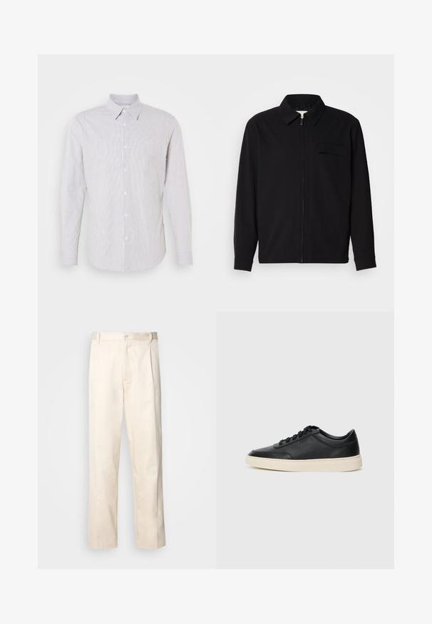 Crna majica dugih rukava s ovratnikom, prednjim zatvaračem i džepom na prsima. Izrađena od teksturiranog materijala s opuštenim krojem.; Košulja dugih rukava sa ovratnikom u bijeloj boji sa uskim plavim prugama, s gumbima sprijeda i malim logotipom na prsima.; Bežaste pamučne hlače ravnog kroja s kopčanjem na dugme i plisiranjima sprijeda za dodatni detalj.; Crne niske kožne tenisice s crnim vezicama i kremasto bijelom potplatom prikazane u bočnom profilu na bijeloj pozadini.