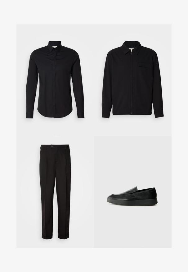 Musta pitkähihaine paita, jossa on kauluksellinen kaulus, edessä vetoketju ja rintatasku. Valmistettu teksturoidusta kankaasta, jossa on rento istuvuus.; Musta pitkähihaine paita, jossa on terävä kaulus, napitus edessä ja kaareva helma. Valmistettu sileästä kankaasta ilman näkyviä kuvioita tai yksityiskohtia.; Mustat housut, joissa on sileä pinta, suora leikkaus, kaksi etutaskua ja yksittäinen nappikiinnitys vyötäröllä.; Calvin Klein HYBRID CUP - Loaferit/pistokkaat - triple black
