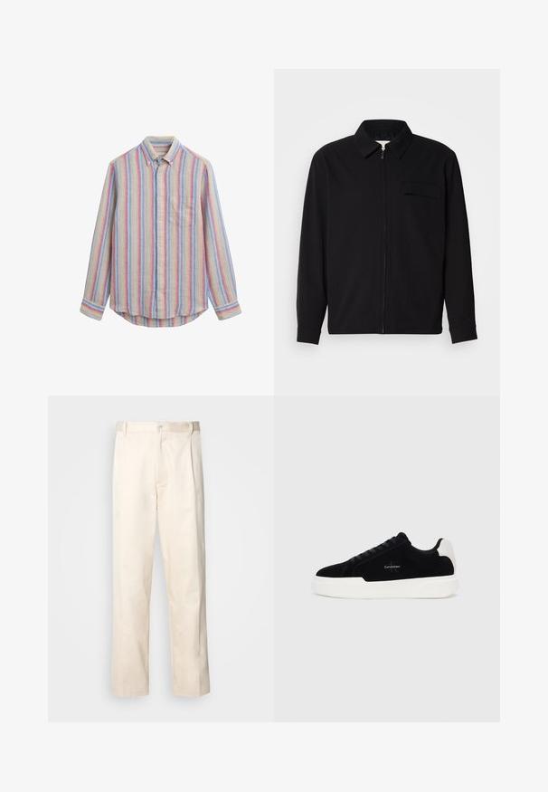 Maglietta nera a maniche lunghe con colletto, chiusura frontale con zip e taschino sul petto. Realizzata in tessuto testurizzato con una vestibilità rilassata.; Camicia a righe con tessuto morbido in tonalità blu, giallo e rosso. Presenta una tasca sul petto e un colletto classico.; Pantaloni in cotone beige con taglio dritto, dotati di chiusura a bottone e pence sul davanti per un tocco di dettaglio in più.; Sneaker nera bassa con suola e linguetta bianca, con lacci sulla parte anteriore e logo Calvin Klein sul lato.