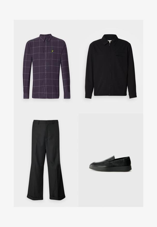 Chemise noire à manches longues avec un col, fermeture éclair à l'avant et une poche poitrine. Fabriquée en tissu texturé avec une coupe décontractée.; Chemise à manches longues à boutons de couleur violet foncé avec un motif en grille blanc et gris. Elle présente un petit emblème vert sur la poche de poitrine.; Pantalons noirs à jambes larges avec taille boutonnée et ourlets retroussés, présentés sur un arrière-plan blanc uni.; Calvin Klein HYBRID CUP - Chaussons - triple black