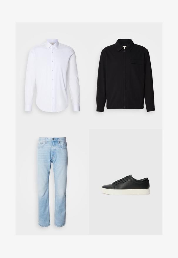 Sort langærmet skjorte med krave, frontlynlås og brystlomme. Lavet af struktureret stof med en afslappet pasform.; Hvid langærmet skjorte lavet af glat bomuldsstof. Har en spids krave, en knaplukning foran og en afrundet kant. Ingen mønstre eller accenter.; Lyseblå denimjeans med lige ben, har slidte sektioner, fem lomme-design og en klassisk knapåbning.; Sorte lædersneakers med perforeret tekstur, rund tå og flad hvid gummisål. Har sorte snørebånd og et subtilt logo på siden.