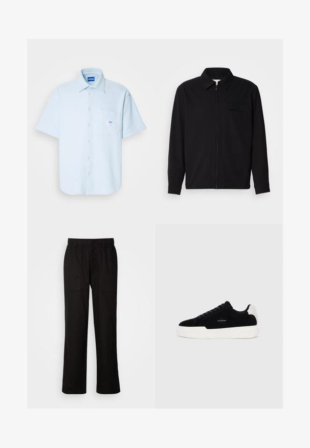 Maglietta nera a maniche lunghe con colletto, chiusura frontale con zip e taschino sul petto. Realizzata in tessuto testurizzato con una vestibilità rilassata.; Camicia azzurra a maniche corte, in tessuto testurizzato, con colletto, tasca frontale con etichetta e orlo dritto, adatta per un abbigliamento casual.; Pantaloni neri con vestibilità morbida, realizzati in tessuto leggero. Presentano un elastico in vita, chiusura con bottone e due tasche anteriori.; Sneaker nera bassa con suola e linguetta bianca, con lacci sulla parte anteriore e logo Calvin Klein sul lato.