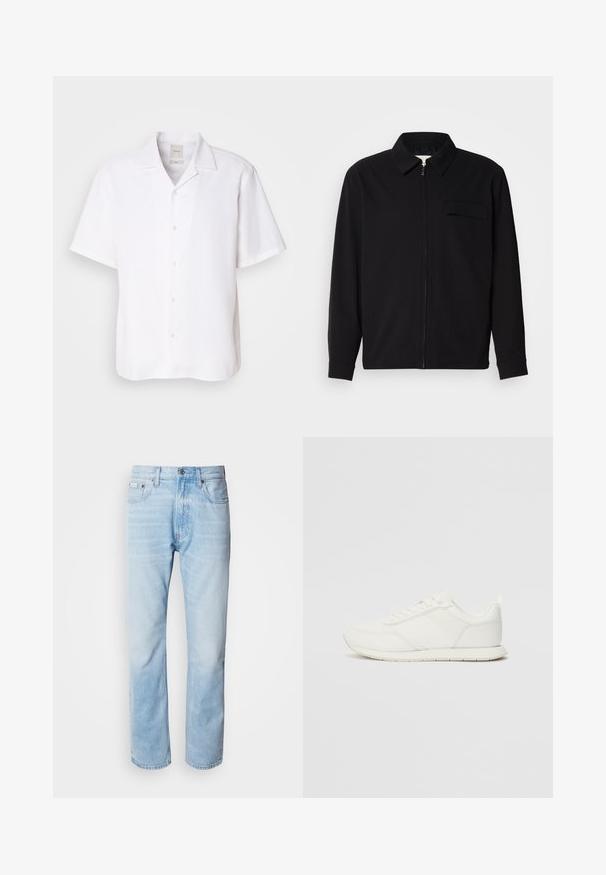 Camisa negra de manga larga que presenta un cuello con solapa, cierre frontal con cremallera y un bolsillo en el pecho. Fabricada con una tela texturizada y un corte holgado.; Camisa de manga corta y botones en lino blanco, con un cuello clásico, textura suave y un ajuste relajado.; Camiseta de algodón blanca con mangas cortas y un escote en forma de cuello redondo. Presenta un pequeño logotipo negro de "Calvin Klein" en el lado izquierdo del pecho.; Vaqueros de mezclilla azul claro con corte recto, con secciones desgastadas, diseño de cinco bolsillos y cierre de botones clásico.; Zapatilla blanca con parte superior de malla y sintético, puntera redonda, cordones planos y una franja lateral texturizada. Suela de goma con un tirador en la parte posterior.