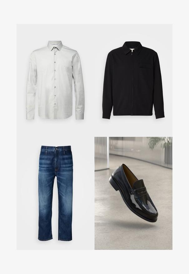 Čierna košeľa s dlhým rukávom, so golierom, predným zipsom a vreckom na hrudi. Vyrobená z textúrovanej tkaniny s voľným strihom.; Svetlo šedá dlhá tričko s hladkým materiálom a golierom na gombíky, predné gombíky a nenápadná výšivka loga na hrudi.; Tmavomodré rovné džínsy s jemným vyblednutím na stehnách a zapínaním na gombík v páse, vystavené na bielom pozadí.; Čierna lakovaná kožená loafer obuv s prešívaným akcentom, okrúhlym prstom, nízkym podpätkom a hladkým povrchom, vystavená na neutrálnom pozadí.