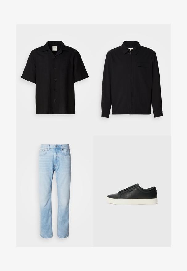 Černá dlouhá rukávová košile s límečkem, předním zipovým uzávěrem a kapsou na hrudi. Vyrobená z texturované tkaniny s uvolněným střihem.; Černá košile s krátkým rukávem vyrobená z lněné tkaniny, s knoflíkovou légou, špičatým límcem a hladkou strukturou. Žádné výrazné vzory nebo akcenty.; Světle modré džíny s rovnou nohavicí, s vybledlými částmi, pěti kapsami a klasickým zapínáním na knoflík.; Černé kožené tenisky s perforovanou texturou, kulatou špičkou a plochou bílou gumovou podrážkou. Mají černé tkaničky a jemné logo na boční straně.