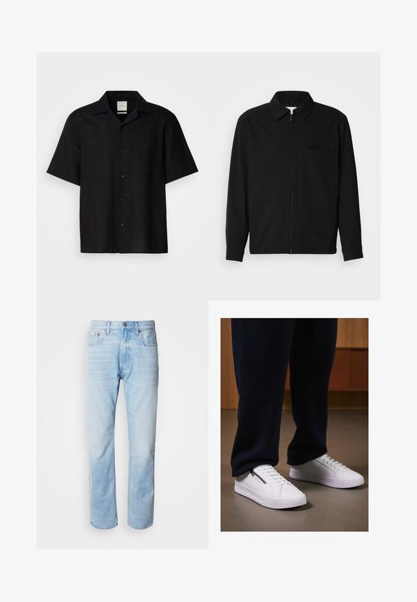 Crna majica dugih rukava s ovratnikom, prednjim zatvaračem i džepom na prsima. Izrađena od teksturiranog materijala s opuštenim krojem.; Crna majica kratkih rukava od lana, sa dugmetima sprijeda, oštrim kragnom i glatkom teksturom. Nema istaknutih uzoraka niti akcenata.; Svijetloplave traperice ravnog kroja, s izblijedjelim dijelovima, dizajnom s pet džepova i klasičnim dugmadi.; Bijele tenisice s glatkom kožnom završnom obradom, ravnim potplatom i vezanjem. Bočni detalj sa zatvaračem dodaje funkcionalnost. Uparene s tamnim trenirkama.