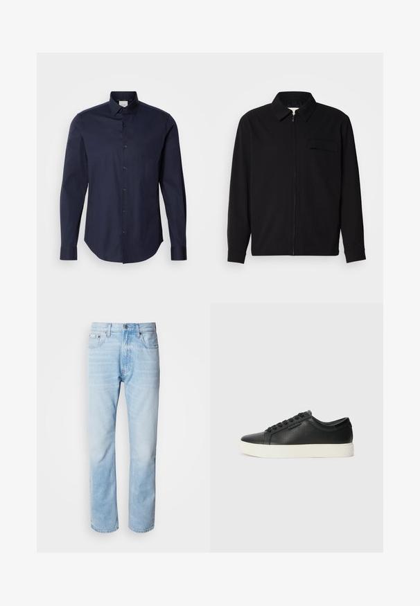 Cămașă neagră cu mânecă lungă, având guler, închidere cu fermoar pe față și buzunar pe piept. Fabricată dintr-un material texturat cu o croială lejeră.; Cămașă button-up de un albastru marin, realizată din bumbac. Prezintă mâneci lungi, un guler ascuțit și o plachetă cu nasturi asortați. Textură netedă.; Jeans din denim de culoare bleu deschis, cu croială dreaptă, prezentând secțiuni decolorate, design cu cinci buzunare și un sistem clasic de închidere cu buton.; Adidași din piele neagră cu textură perforată, vârf rotund și talpă plată din cauciuc alb. Au șireturi negre și un logo subtil pe lateral.