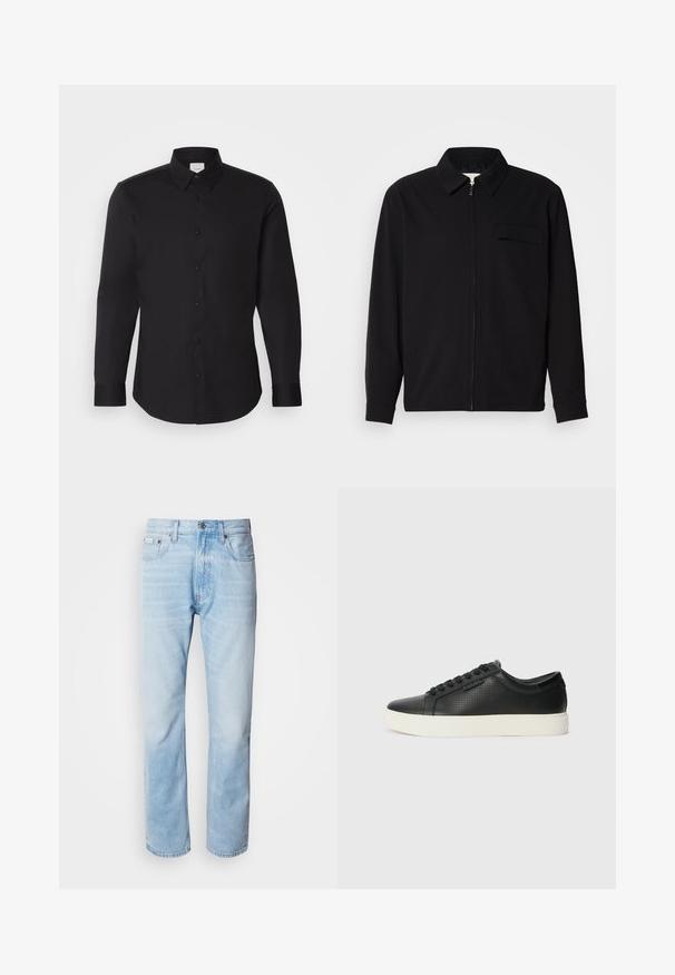 Zwarte lange mouwen shirt met een kraaghals, voorste rits sluiting en een borstzak. Gemaakt van een gestructureerde stof met een relaxte pasvorm.; Zwarte lange mouwen shirt gemaakt van een gladde stof, voorzien van een puntige kraag, knoopsluiting aan de voorkant en een subtiel logo op de borst.; Lichtblauwe denim jeans met een rechte pijp, met vervaagde delen, vijf-pocket ontwerp en een klassieke knoopsluiting.; Zwarte leren sneakers met geperforeerde structuur, ronde neus en platte witte rubberen zool. Voorzien van zwarte veters en een subtiel logo aan de zijkant.