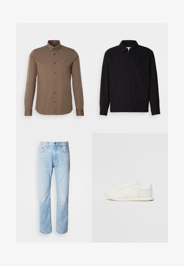 Camisa preta de manga longa com gola, fecho frontal com zíper e bolso no peito. Feita de um tecido texturizado com um corte descontraído.; Camisa castanha de botão, com colarinho, mangas longas e um design ajustado. Apresenta botões pretos e um pequeno logótipo "ck" no peito.; Jeans de ganga azul clara com corte reto, apresentando seções desbotadas, design de cinco bolsos e um fecho clássico com botão.; Sapatilha branca com parte superior em malha e sintético, bico arredondado, atacadores planos e uma faixa lateral texturizada. Sola em borracha com uma alça na parte de trás.