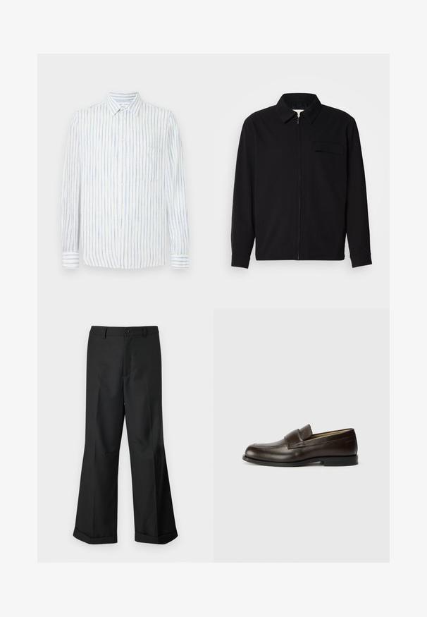 Camisa negra de manga larga que presenta un cuello con solapa, cierre frontal con cremallera y un bolsillo en el pecho. Fabricada con una tela texturizada y un corte holgado.; Camisa blanca con rayas verticales azules, diseño de botones, mangas largas, un bolsillo en el pecho y una tela ligera y texturizada.; Pantalones anchos negros con cintura abotonada y dobladillos con puños, exhibidos sobre un fondo blanco liso.; Calvin Klein Zapatos sin cordones - cocoa brown