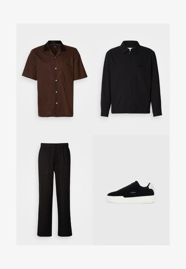 Melna garām piedurknēm krekls ar apkakles izgriezumu, priekšējo rāvējslēdzēju un krūšu kabatu. Izgatavots no teksturēta auduma ar brīvu piegriezumu.; Īsām piedurknēm krekls tumši brūnā audumā ar melnu apkakli. Satur vienu krūšu kabatu un baltas pogas gar priekšpusi.; Melnas bikses ar brīvu piegriezumu, izgatavotas no viegla auduma. Tām ir elastīga jostasvieta, pogu aizdare un divas priekšējās kabatas.; Melni zema profila sporta apavi ar baltu zoli un papēdi, ar šņorēm priekšpusē un Calvin Klein logo sānos.