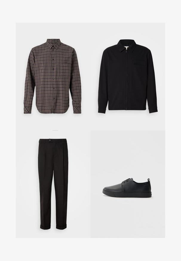 Juodas ilgomis rankovėmis marškinis, turintis apykaklės iškirptę, priekinį užtrauktuką ir krūtinės kišenę. Pagamintas iš tekstūruoto audinio, turinčio laisvą kirpimą.; Ilga rankovė flanelinė marškinė tamsiai žalia spalva, su patikrinta raštu, kuriame yra rožinių ir baltų linijų, mygtukų uždarymu ir viena krūtine kišene.; Juodos kelnės su lygiu paviršiumi, tiesaus kirpimo, su dviem priekinių kišenių ir vieno mygtuko uždarymu juosmenyje.; Juodos odinės sportinės bateliai su lygiu paviršium, suapvalinta nosimi, toniniais siūlais, raištelių užsegimu priekyje ir plokščiu guminiu padu. Kilpelė ant kulno.