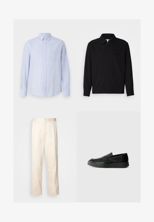 Fekete, hosszú ujjú póló, gallérral, elülső cipzárral és mellzsebbel. Texturált anyagból készült, laza szabású.; Világoskék, hosszú ujjú, gombos ing, amely texturált anyagból készült. Gombos gallérral és egyetlen zsebbel rendelkezik a bal mellen.; Beige pamut nadrág egyenes szárú kivágással, gombos záródással és elülső redőkkel a részletek fokozása érdekében.; Calvin Klein HYBRID CUP - Belebújós cipők - triple black