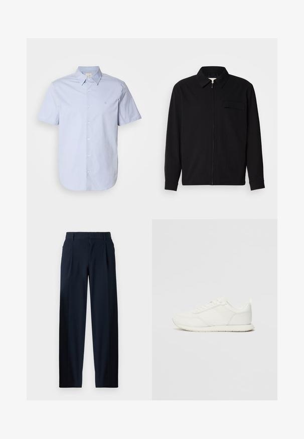 Črna dolgoročna majica z ovratnikom, sprednjim zadrgo in žepom na prsih. Narejena iz teksturirane tkanine z sproščenim krojem.; Svijetloplava košulja kratkih rukava od glatke pamučne tkanine, s kopčanjem sprijeda, uskim ovratnikom i izvezenim logom na prsima.; Temno modri hlače z gladko teksturo, širokim krojem, sprednjimi pregibi, zankami za pas in z zip zapiranjem. Primerne za formalno ali priložnostno nošenje.; Bela tenisa z mrežasto in sintetično zgornjo plastjo, okroglo oblikovano prstno območje, ravne vezalke in teksturirana stranska črta. Gumijast podplat z zanko na hrbtni strani.