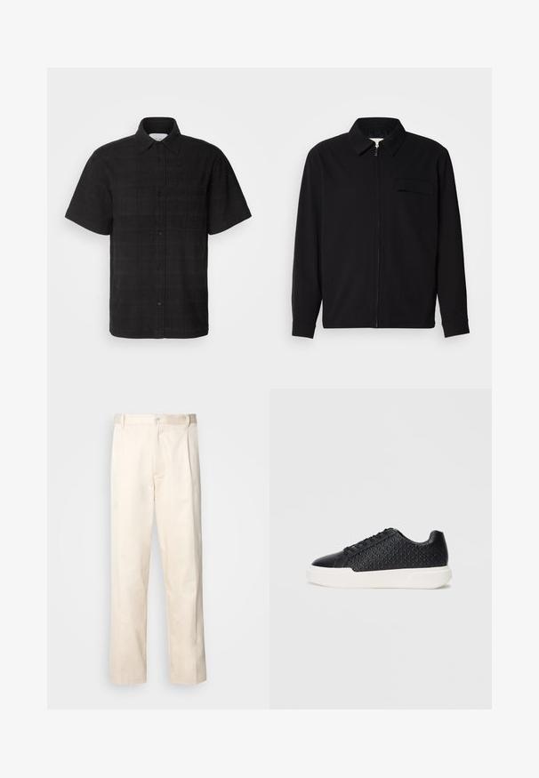 Fekete, hosszú ujjú póló, gallérral, elülső cipzárral és mellzsebbel. Texturált anyagból készült, laza szabású.; Les Deux CHARLIE SHIRT - Ing - black; Beige pamut nadrág egyenes szárú kivágással, gombos záródással és elülső redőkkel a részletek fokozása érdekében.; Fekete sneaker, geometrikus textúrával az oldalon, sima orrésszel és fehér gumitalppal. Kerek cipőfűzőkkel és alacsony szárú dizájnnal rendelkezik.