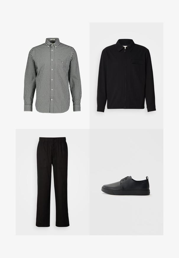 Čierna košeľa s dlhým rukávom, so golierom, predným zipsom a vreckom na hrudi. Vyrobená z textúrovanej tkaniny s voľným strihom.; Čierno-biele kockované košeľa s golierom, dlhými rukávmi a náprsníkom. Vyrobená z tkaniny, má zakrivený lem.; Čierne nohavice s voľným strihom, vyrobené z ľahkej látky. Majú elastický pás, zapínanie na gombík a dve predné vrecká.; Čierne kožené tenisky s hladkým povrchom, zaoblenou špičkou, tonálnym šitím, šnurovaním vpredu a plochou gumovou podrážkou. Obojok na päte.