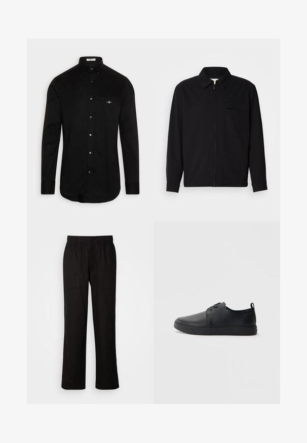 Juodas ilgomis rankovėmis marškinis, turintis apykaklės iškirptę, priekinį užtrauktuką ir krūtinės kišenę. Pagamintas iš tekstūruoto audinio, turinčio laisvą kirpimą.; Juodas medvilninis marškinukas su apykakle, ilgomis rankovėmis ir krūtinės kišene, kurioje siuvinėtas mažas logotipas spalvotu siūlu.; Juodos kelnės su laisvu siluetu, pagamintos iš lengvos medžiagos. Yra elastingas juosmuo, mygtuko užsegimas ir dvi priekinės kišenės.; Juodos odinės sportinės bateliai su lygiu paviršium, suapvalinta nosimi, toniniais siūlais, raištelių užsegimu priekyje ir plokščiu guminiu padu. Kilpelė ant kulno.