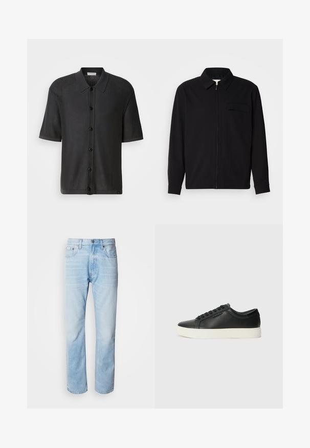 Cămașă neagră cu mânecă lungă, având guler, închidere cu fermoar pe față și buzunar pe piept. Fabricată dintr-un material texturat cu o croială lejeră.; Cămașă neagră cu mâneci scurte, dintr-un material cu textură de plasă, cu nasturi la față și guler. Are un tiv neted și branding subtil în partea de jos.; Jeans din denim de culoare bleu deschis, cu croială dreaptă, prezentând secțiuni decolorate, design cu cinci buzunare și un sistem clasic de închidere cu buton.; Adidași din piele neagră cu textură perforată, vârf rotund și talpă plată din cauciuc alb. Au șireturi negre și un logo subtil pe lateral.