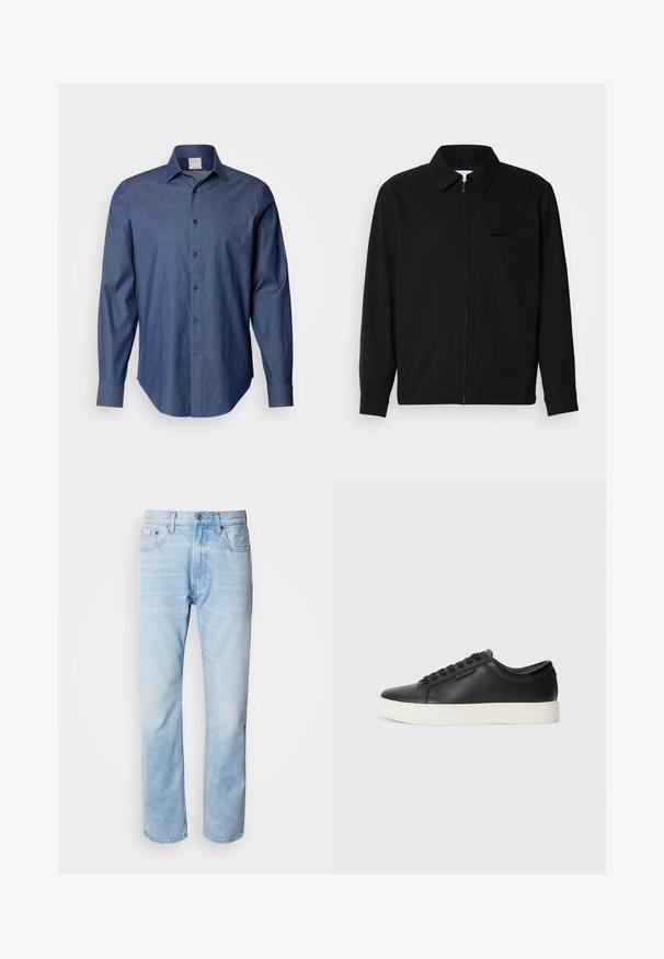 Cămașă neagră cu mânecă lungă, având guler, închidere cu fermoar pe față și buzunar pe piept. Fabricată dintr-un material texturat cu o croială lejeră.; Cămașă button-up de un albastru închis, confecționată dintr-un material cu o textură subtilă. Dispune de un guler răspândit și mâneci lungi cu butoane la manșete.; Jeans din denim de culoare bleu deschis, cu croială dreaptă, prezentând secțiuni decolorate, design cu cinci buzunare și un sistem clasic de închidere cu buton.; Adidași din piele neagră cu textură perforată, vârf rotund și talpă plată din cauciuc alb. Au șireturi negre și un logo subtil pe lateral.