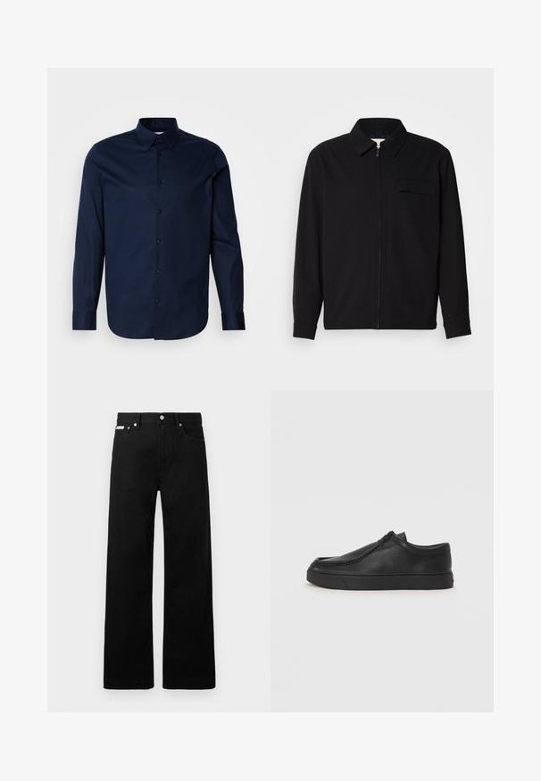 Fekete, hosszú ujjú póló, gallérral, elülső cipzárral és mellzsebbel. Texturált anyagból készült, laza szabású.; Sötétkék, hosszú ujjú ing sima anyagból, gombos elülső résszel, hegyes gallérral és mandzsettákkal, a mellkason diszkrét logóval.; Fekete farmernadrág széles szabással, öt zsebbel és fém gombos díszítéssel. Sima felület, látható minták nélkül.; Fekete bőr slip-on cipő lekerekített orral, varrott részletekkel és fekete gumitalppal. Simaság és minimalista dizájn jellemzi.