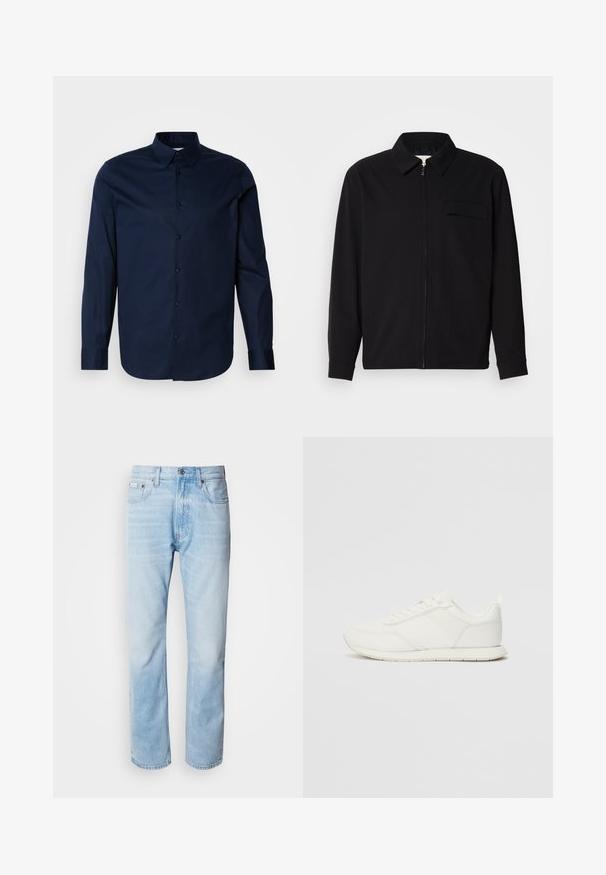 Černá dlouhá rukávová košile s límečkem, předním zipovým uzávěrem a kapsou na hrudi. Vyrobená z texturované tkaniny s uvolněným střihem.; Námorně modrá košile s dlouhým rukávem vyrobená z hladké látky, s knoflíkovým zapínáním vpředu, špičatým límcem a manžetami, na kterých je jemné logo na hrudi.; Světle modré džíny s rovnou nohavicí, s vybledlými částmi, pěti kapsami a klasickým zapínáním na knoflík.; Bílé tenisky s vrchní částí z síťoviny a syntetického materiálu, kulatou špičkou, plochými tkaničkami a texturovaným bočním pruhem. Gumová podrážka s poutkem vzadu.