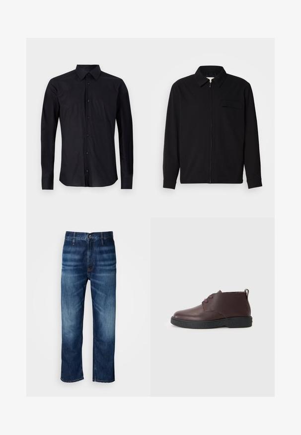Svart langermet skjorte med krage, frontlås og brystlomme. Laget av teksturert stoff med en avslappet passform.; Svart langermet skjorte med knapper laget av glatt stoff. Den har en klassisk krage og er designet med matchende knapper og en skreddersydd passform.; Mørkeblå straight-leg denimjeans med subtil falming på lårene og en knappelukking i midjen, vist på en hvit bakgrunn.; Burgunder røde skinn ankelstøvler med rund tå, to hull til snøring, teksturert svart såle, og en løkke på hælen.