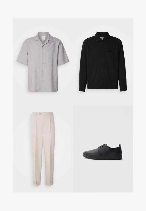 Camisa negra de manga larga que presenta un cuello con solapa, cierre frontal con cremallera y un bolsillo en el pecho. Fabricada con una tela texturizada y un corte holgado.; Camisa de lino de manga corta, de color gris claro, con cuello tipo revere, cinco botones en la parte delantera y una tela suave y texturizada.; Pantalones beige de tela suave, con corte recto, pliegue sencillo y puños enrollados. Incluyen un cierre frontal con botones.; Zapatilla negra de cuero con acabado suave, punta redondeada, costuras a tono, cordones en la parte delantera y suela de goma plana. Asa en el talón.