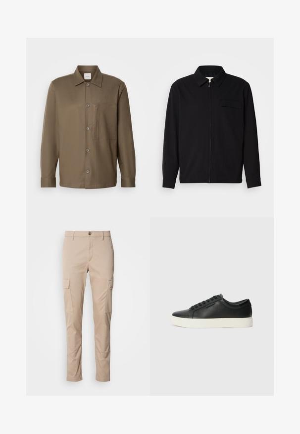 Black long-sleeve shirt featuring a collared neckline, front zip closure, and a chest pocket. Made of textured fabric with a relaxed fit.; Brown button-up shirt with a collar, long sleeves, a chest pocket, and smooth texture. Features grey buttons along the front.; Beige cargo pants with two side pockets, slim fit, made of lightweight fabric, featuring a front button closure and belt loops.; Black leather sneakers with perforated texture, round toe, and flat white rubber sole. Features black laces and a subtle logo on the side.