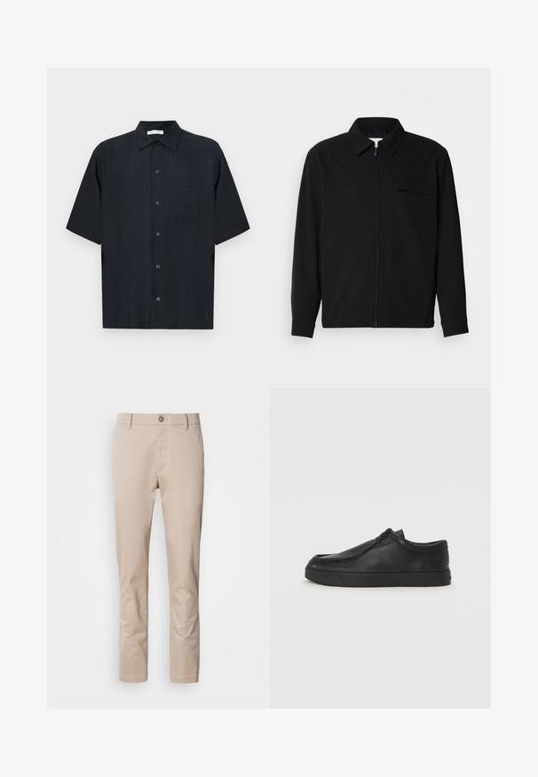 Juodas ilgomis rankovėmis marškinis, turintis apykaklės iškirptę, priekinį užtrauktuką ir krūtinės kišenę. Pagamintas iš tekstūruoto audinio, turinčio laisvą kirpimą.; Juoda marškiniai trumpomis rankovėmis su mygtukais, turi kišenę, subtilią tekstūrą ir laisvą siluetą su klasikiniu apykaklės dizainu.; Kreminės spalvos medvilniniai chinos kelnės su tiesiu siluetu, diržo kilpomis, vienu priekinio mygtuko užsegimu ir lygiu, be tekstūros paviršiumi. Kišenių nematyti.; Juodos odinės supjamintus batelius su apvaliu pirštu, siuvinėtu akcentu ir juodu guminiu padu. Lygus tekstūra su minimalistišku dizainu.