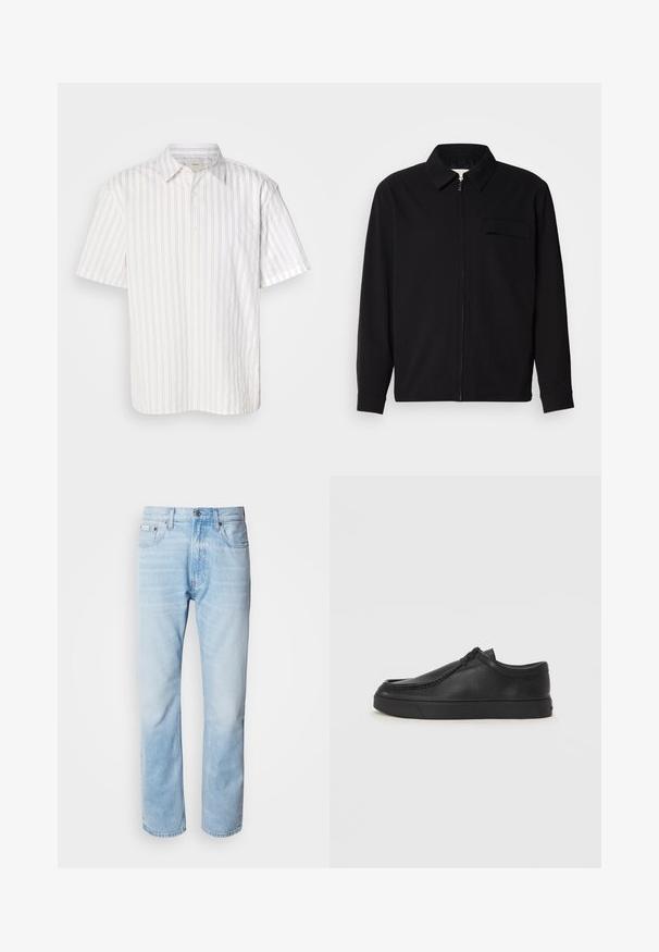 Czarna koszula z długim rękawem z kołnierzykiem, z zapięciem na suwak z przodu oraz kieszonką na piersi. Wykonana z teksturowanej tkaniny o luźnym kroju.; Koszulka z krótkim rękawem w białym kolorze z cienkimi, pionowymi beżowymi paskami, zapinana na guziki, z klasycznym kołnierzykiem. Materiał wydaje się gładki, lekki.; Jasnoniebieskie dżinsy z prostymi nogawkami, z wyblakłymi odcieniami, pięcioma kieszeniami oraz klasycznym zapinaniem na guzik.; Czarne skórzane buty wsuwane z okrągłym noskiem, przeszyciami i czarną gumową podeszwą. Gładka faktura z minimalistycznym wzornictwem.