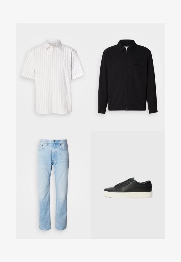 Svart langermet skjorte med krage, frontlås og brystlomme. Laget av teksturert stoff med en avslappet passform.; Kortermet skjorte i hvit med tynne, vertikale brune striper, knappelukking og klassisk krage. Stoffet fremstår glatt og lett.; Lyseblå denimjeans med strak benkutt, med falmede seksjoner, femlommerdesign og en klassisk knappestol.; Sorte lær sneakers med perforert tekstur, rund tå og flat hvit gummisåle. Har sorte snørebånd og en subtil logo på siden.