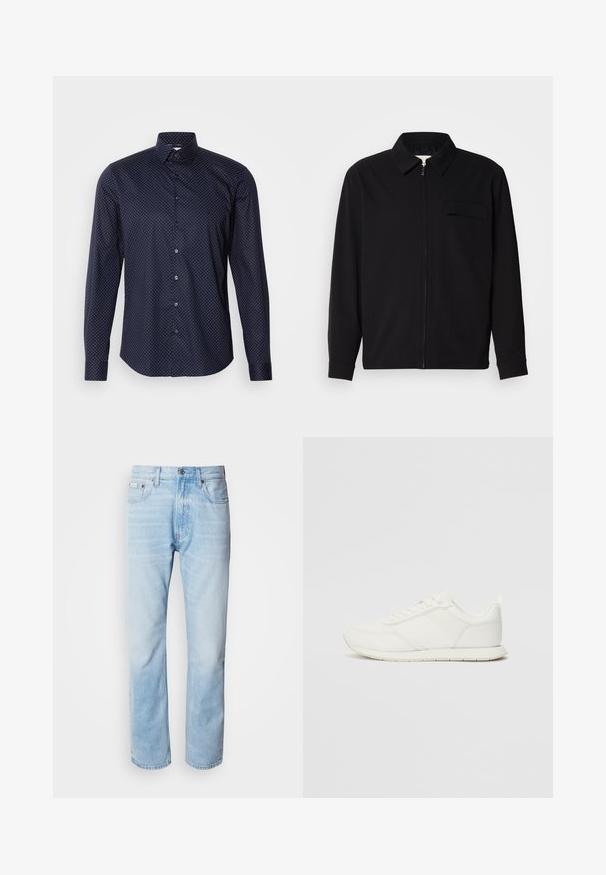 Svart langermet skjorte med krage, frontlås og brystlomme. Laget av teksturert stoff med en avslappet passform.; Marineblå langermet skjorte med slim passform, prydet med et lite hvitt prikkemønster, knapper-til-ned krage og frontknapper. Glatt tekstur.; Lyseblå denimjeans med strak benkutt, med falmede seksjoner, femlommerdesign og en klassisk knappestol.; Hvit sneaker med en mesh- og syntetisk overdel, rund tå, flate lisser og en teksturert sidestropp. Gummisåle med en pull-tab bak.