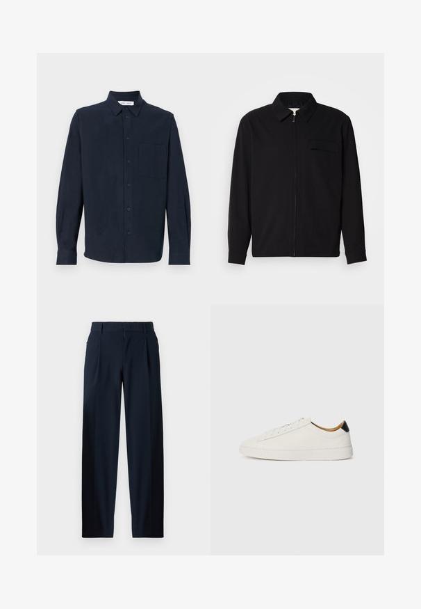 Maglietta nera a maniche lunghe con colletto, chiusura frontale con zip e taschino sul petto. Realizzata in tessuto testurizzato con una vestibilità rilassata.; Camicia a maniche lunghe blu navy realizzata in tessuto morbido, con chiusura a bottoni, colletto a punta e una tasca sul petto.; Pantaloni blu navy con una texture liscia, design a gamba larga, pieghe frontali, passanti per cintura e chiusura con zip. Adatti per abbigliamento formale o casual.; Sneaker bianca con tomaia in pelle liscia, punta rotonda e suola piatta. Accentatura nera sul tallone, con lacci tono su tono e branding minimale.