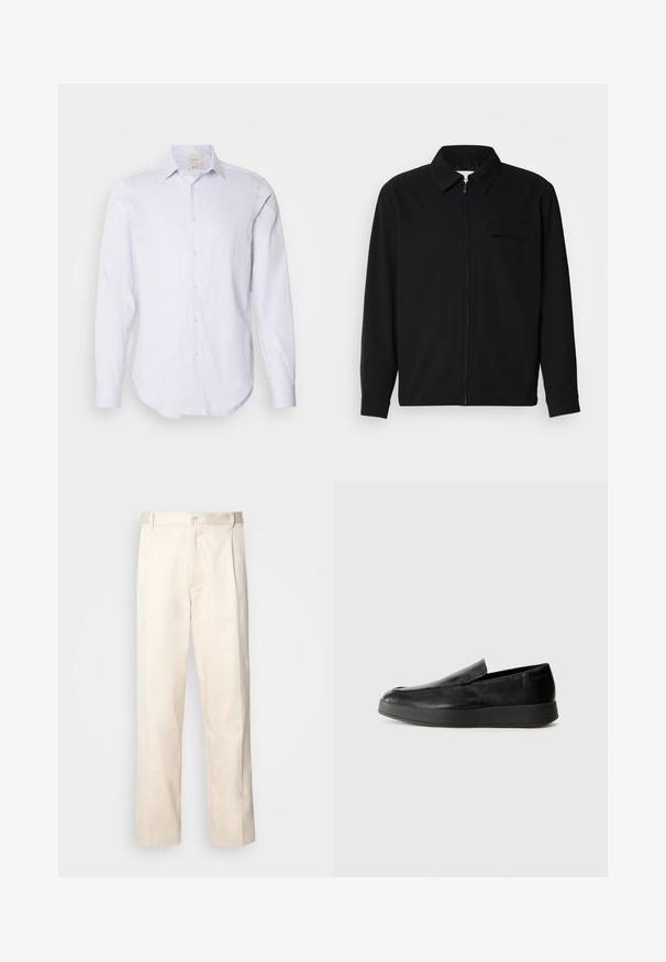 Musta pitkähihaine paita, jossa on kauluksellinen kaulus, edessä vetoketju ja rintatasku. Valmistettu teksturoidusta kankaasta, jossa on rento istuvuus.; Vaaleansininen ja valkoinen raidallinen pitkähihainen paita, jossa on kokopitkä nappiplåäkkki, teräväkauluksinen ja pyöristetty helma. Puuvillamateriaali, sileä pinta.; Vaaleanbeige puuvillahousut, joissa on suora lahje, varustettu nappisulkeisella ja etupuolella olevilla laskoksilla lisäyksinä.; Calvin Klein HYBRID CUP - Loaferit/pistokkaat - triple black