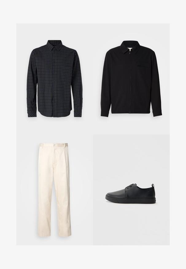 Maglietta nera a maniche lunghe con colletto, chiusura frontale con zip e taschino sul petto. Realizzata in tessuto testurizzato con una vestibilità rilassata.; Camicia a maniche lunghe realizzata in tessuto tessuto, con un motivo a quadri blu scuro e verde, chiusura con bottoni sul davanti e colletto a punta.; Pantaloni in cotone beige con taglio dritto, dotati di chiusura a bottone e pence sul davanti per un tocco di dettaglio in più.; Sneaker in pelle nera con finitura liscia, punta arrotondata, cuciture tono su tono, chiusura con lacci frontale e suola piatta in gomma. Anello sul tallone.