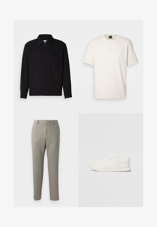Black long-sleeve shirt featuring a collared neckline, front zip closure, and a chest pocket. Made of textured fabric with a relaxed fit.; BOSS TEE - Basic T-shirt - open white; Trousers in a light beige fabric featuring a checked pattern in dark brown and navy, with a straight cut and standard waistband.; White sneaker with a mesh and synthetic upper, round toe, flat laces, and a textured side stripe. Rubber sole with a pull tab at the back.