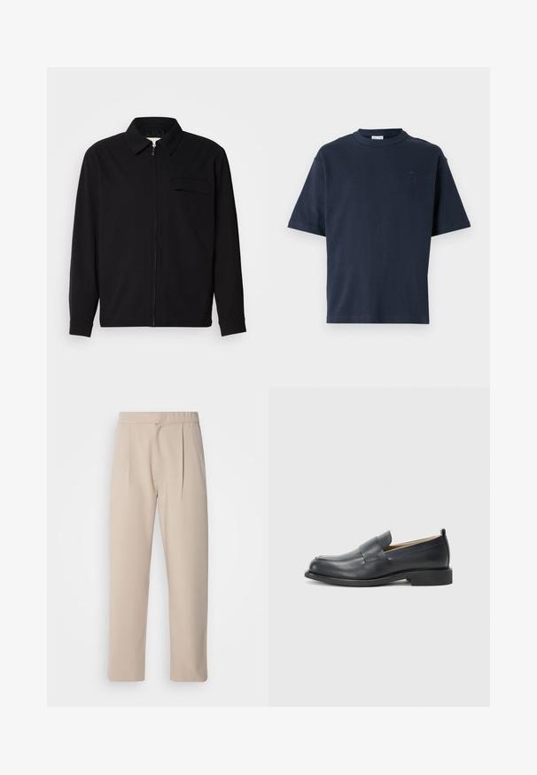 Cămașă neagră cu mânecă lungă, având guler, închidere cu fermoar pe față și buzunar pe piept. Fabricată dintr-un material texturat cu o croială lejeră.; Tricou de bumbac de culoare bleumarin, cu mânecă scurtă. Are guler rotund și un logo subtil pe piept. Design drept, fără modele.; Pantaloni bej, plisati, dintr-un material moale. Au un brâu elastic, picioare drepte și o textură fină. Fără buzunare sau accente.; Loafers din piele neagră, cu un finisaj neted, talpă plată și vârf rotund, decorat cu o bandă peste partea superioară.