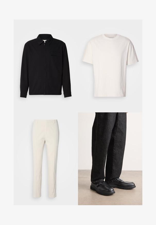 Črna dolgoročna majica z ovratnikom, sprednjim zadrgo in žepom na prsih. Narejena iz teksturirane tkanine z sproščenim krojem.; Kremna bombažna majica s kratkimi rokavi in krožnim izrezom. Ohlapen kroj. Na izrezu se nahaja majhna oznaka. Gladka textura.; Hlače kremaste barve, prirejene po meri, z teksturirano tkanino. Imajo ravno obliko, zanke za pas in dva sprednja žepa. Brez vzorcev.; Črne usnjene čevlje z teksturirano površino, ki se ponašajo z dvignjenim šivom in trdnim gumijastim podplatom, nosijo z temno modrimi kavbojkami.