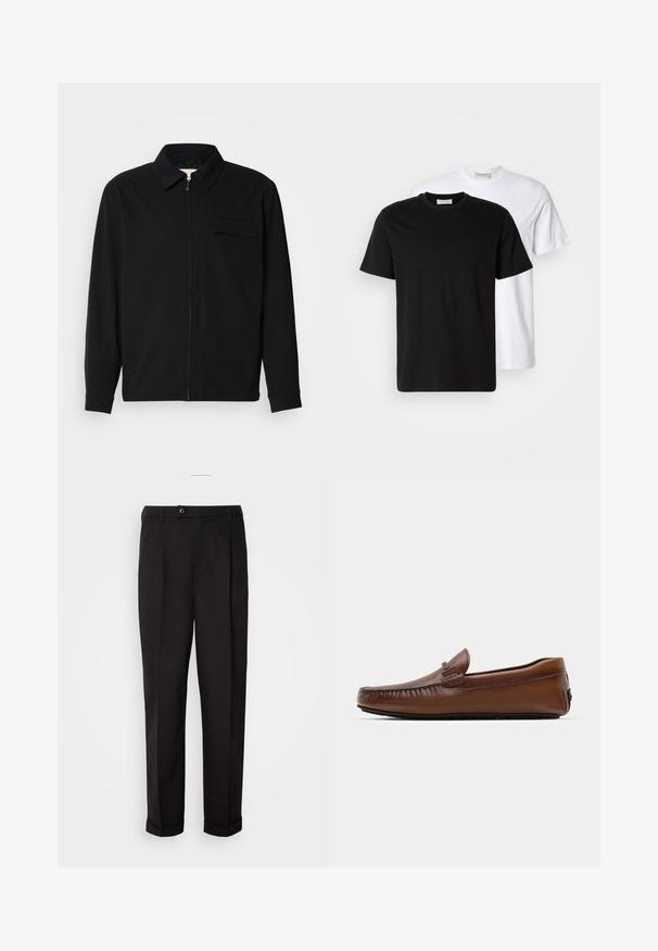 Crna majica dugih rukava s ovratnikom, prednjim zatvaračem i džepom na prsima. Izrađena od teksturiranog materijala s opuštenim krojem.; Dva obična pamučna majice, jedna crna ispred bijele, obje s kratkim rukavima i okruglim izrezima.; Crne hlače glatke teksture, ravnog kroja, s dva prednja džepa i zatvaranjem na jedan gumb u struku.; Smeđe kožne loafers cipele s okruglim vrhom, šavnim detaljima i malim emblema sa strane. Potplat je ravan i teksturiran za bolju prionjivost.