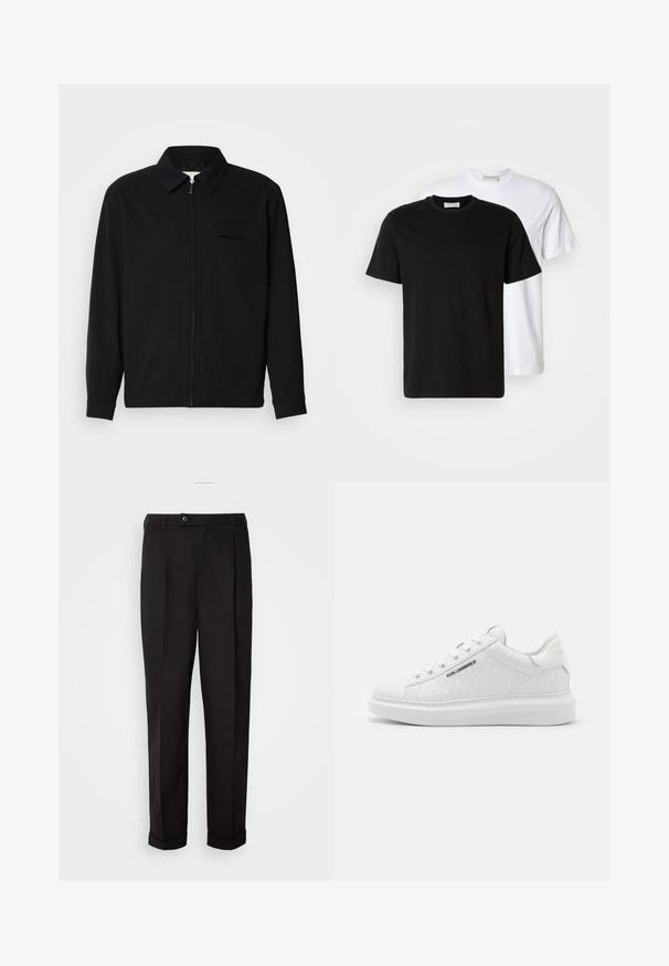 Black long-sleeve shirt featuring a collared neckline, front zip closure, and a chest pocket. Made of textured fabric with a relaxed fit.; Two plain cotton T-shirts, one black placed in front of a white one, both with short sleeves and round necklines.; Black trousers with a smooth texture, featuring a straight cut, two front pockets, and a single button closure at the waist.; White sneaker made of smooth leather with embossed pattern. Features round toe, lace-up front, and textured sole. Silver logo detail on side.