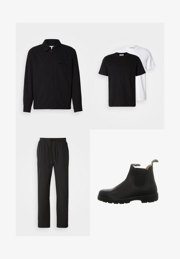 Musta pitkähihaine paita, jossa on kauluksellinen kaulus, edessä vetoketju ja rintatasku. Valmistettu teksturoidusta kankaasta, jossa on rento istuvuus.; Kaksi yksinkertaista puuvillapaitaa, musta paita valkoisen edessä, molemmissa on lyhyet hihat ja pyöreä pääntie.; Juoksuhousut mustasta kevyestä kankaasta, jossa on joustava vyötärö, säädettävät nyörit ja sivutaskut. Sujuva rakenne.; Musta nahkainen Chelsea-saapas, jossa on joustavat sivupaneelit, pyöreä kärki ja kestävä kumipohja, jossa on kantakahva helppoa pukemista varten.
