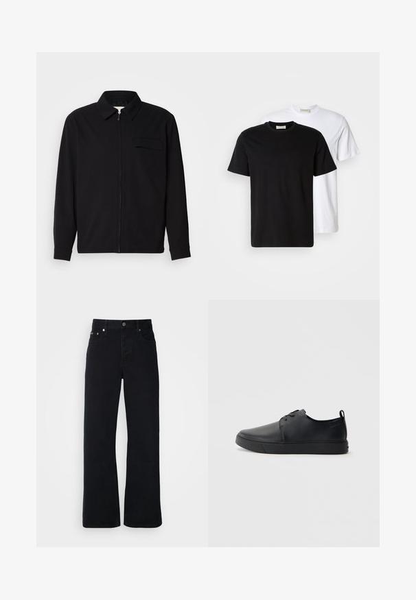 Must valgade varrukatega must särk, millel on krae, ees tõmbluku sulgemine ja rinna tasku. Valmistatud tekstuurilisest kangast ning mugav lõige.; Kaks lihtsat puuvillast T-särki, must, mis on asetatud valge särgi ette, mõlemad lühikeste varrukatega ja ümmarguste kaelustega.; Mustalased teksapüksid sirge lõikega, nuppude sulgemisega, viie taskuga disain ja minimaalne riistvara aktsent.; Mustaläik nahast spordijalatsid siledaga viimistlusega, ümarate varvastega, sama tooni õmblustega, nööbid ees, ja lamedate kummist tallaga. Kannas aas.