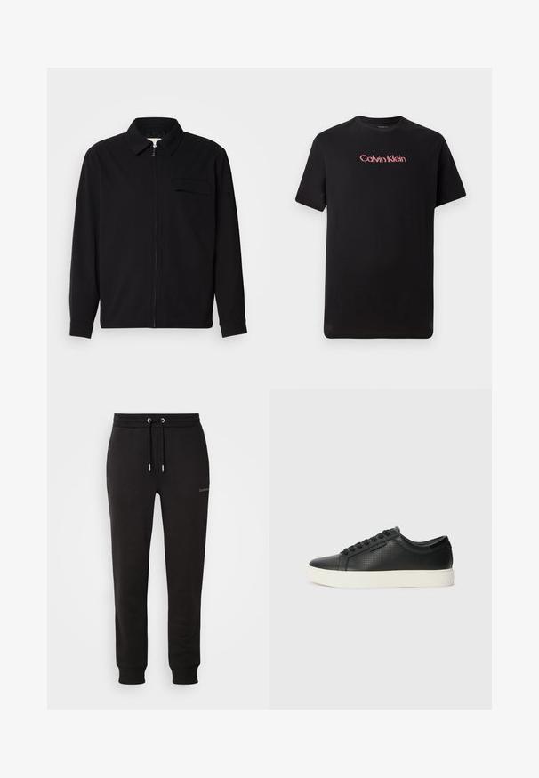 Camisa negra de manga larga que presenta un cuello con solapa, cierre frontal con cremallera y un bolsillo en el pecho. Fabricada con una tela texturizada y un corte holgado.; Camiseta de manga corta negra de algodón, con un logo central de Calvin Klein en rojo y blanco, con cuello redondo y corte relajado.; Los pantalones de chándal de algodón negro cuentan con una cinturilla elástica con cordón, bolsillos laterales y puños acanalados, diseñados para brindar comodidad y funcionalidad.; Zapatillas de cuero negro con textura perforada, puntera redonda y suela plana de goma blanca. Presenta cordones negros y un logo sutil en el costado.