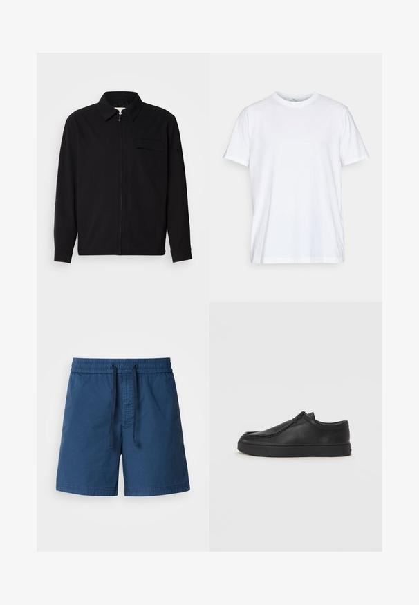 Svart langermet skjorte med krage, frontlås og brystlomme. Laget av teksturert stoff med en avslappet passform.; Hvit bomulls t-skjorte med korte ermer, rund hals og avslappet passform. Har et minimalistisk design, uten mønstre eller detaljer.; Marineblå svømmebukser med elastisk talje, snøre lukning og struktureret stof. Designet har en lige pasform og ingen lommer.; Sorte skinnsko uten snøring med rund tå, sydd detaljer og svart gummisåle. Glatt tekstur med minimalistisk design.