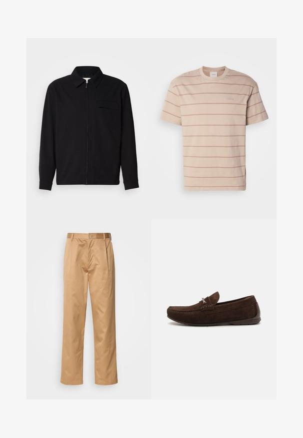 Black long-sleeve shirt featuring a collared neckline, front zip closure, and a chest pocket. Made of textured fabric with a relaxed fit.; Short-sleeve, crew-neck beige t-shirt with light pink horizontal stripes and a small label on the front. Made from soft cotton fabric.; Khaki trousers, cotton blend, straight-leg design, front pleats, belt loops, and button closure. Smooth texture with no patterns.; Brown suede loafers with a stitched design, subtle texture, rounded toe, and silver hardware accent. Low rubber sole for comfort.