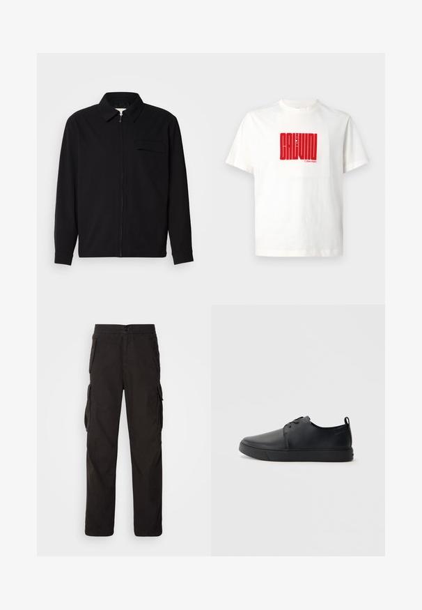 Must valgade varrukatega must särk, millel on krae, ees tõmbluku sulgemine ja rinna tasku. Valmistatud tekstuurilisest kangast ning mugav lõige.; Valge puuvillane T-särk, mille esit küljel on suur punane graafikatrükk "CALVIN KLEIN", ümmarguse kaelusega ja lühikeste varrukatega.; Must have mustreid püksid, millel on sirge lõige, elastne vöökoht, mitmed küljetaskud ja tekstuuriga kanga tugevdamiseks.; Mustaläik nahast spordijalatsid siledaga viimistlusega, ümarate varvastega, sama tooni õmblustega, nööbid ees, ja lamedate kummist tallaga. Kannas aas.