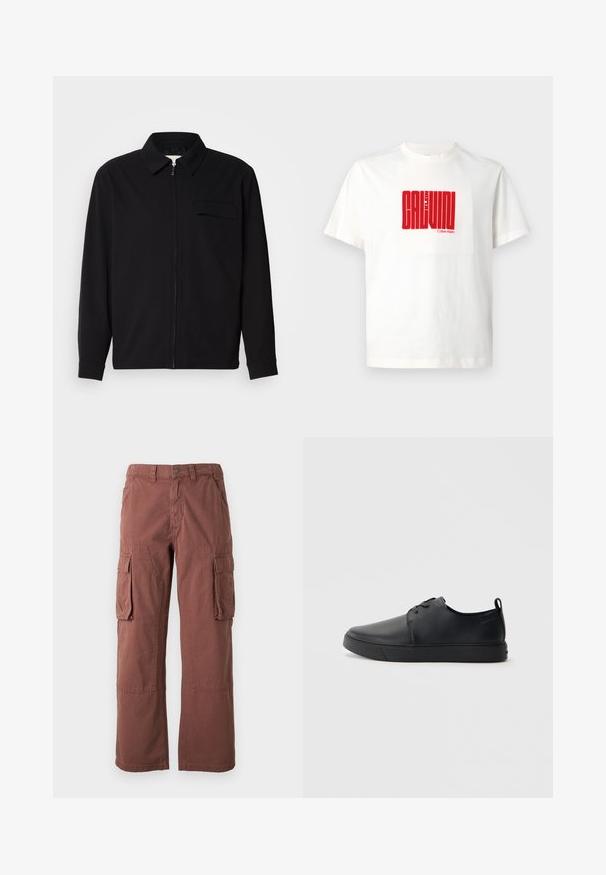 Black long-sleeve shirt featuring a collared neckline, front zip closure, and a chest pocket. Made of textured fabric with a relaxed fit.; White cotton t-shirt featuring a large red graphic print of "CALVIN KLEIN" on the front, with a crew neckline and short sleeves.; Cargo pants in a rust color, made of durable fabric. Features large side pockets, straight legs, and button closure at the waistband.; Black leather sneaker with a smooth finish, rounded toe, tonal stitching, lace-up front, and a flat rubber sole. Loop at the heel.