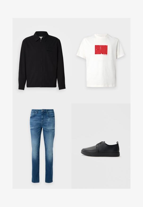 Crna majica dugih rukava s ovratnikom, prednjim zatvaračem i džepom na prsima. Izrađena od teksturiranog materijala s opuštenim krojem.; Bijela pamučna majica s velikim crvenim grafičkim ispisom "CALVIN KLEIN" na prednjoj strani, s okruglim izrezom i kratkim rukavima.; Plave izblijeđene skinny traperice s kopčanjem na gumbe i patentni zatvarač, prednjim i stražnjim džepovima, te laganim oštećenjem na desnom bedrima.; Crne kožne tenisice s glatkom površinom, zaobljenim vrhom, tonom prošivanja, vezanjem sprijeda i ravnim gumenim potplatom. Oko pete se nalazi učka.