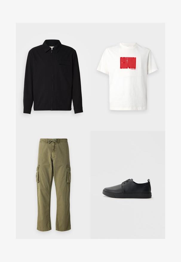 Maglietta nera a maniche lunghe con colletto, chiusura frontale con zip e taschino sul petto. Realizzata in tessuto testurizzato con una vestibilità rilassata.; T-shirt bianco in cotone con una grande stampa grafica rossa con la scritta "CALVIN KLEIN" sul davanti, con scollatura a girocollo e maniche corte.; Pantaloni cargo in misto cotone verde oliva, con vita elastica e coulisse, tasche cargo laterali e design a gamba dritta.; Sneaker in pelle nera con finitura liscia, punta arrotondata, cuciture tono su tono, chiusura con lacci frontale e suola piatta in gomma. Anello sul tallone.